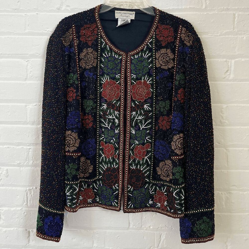 Papell Boutique Evening Black Beaded Silk Floral Jacket L/XL Vintage 90s